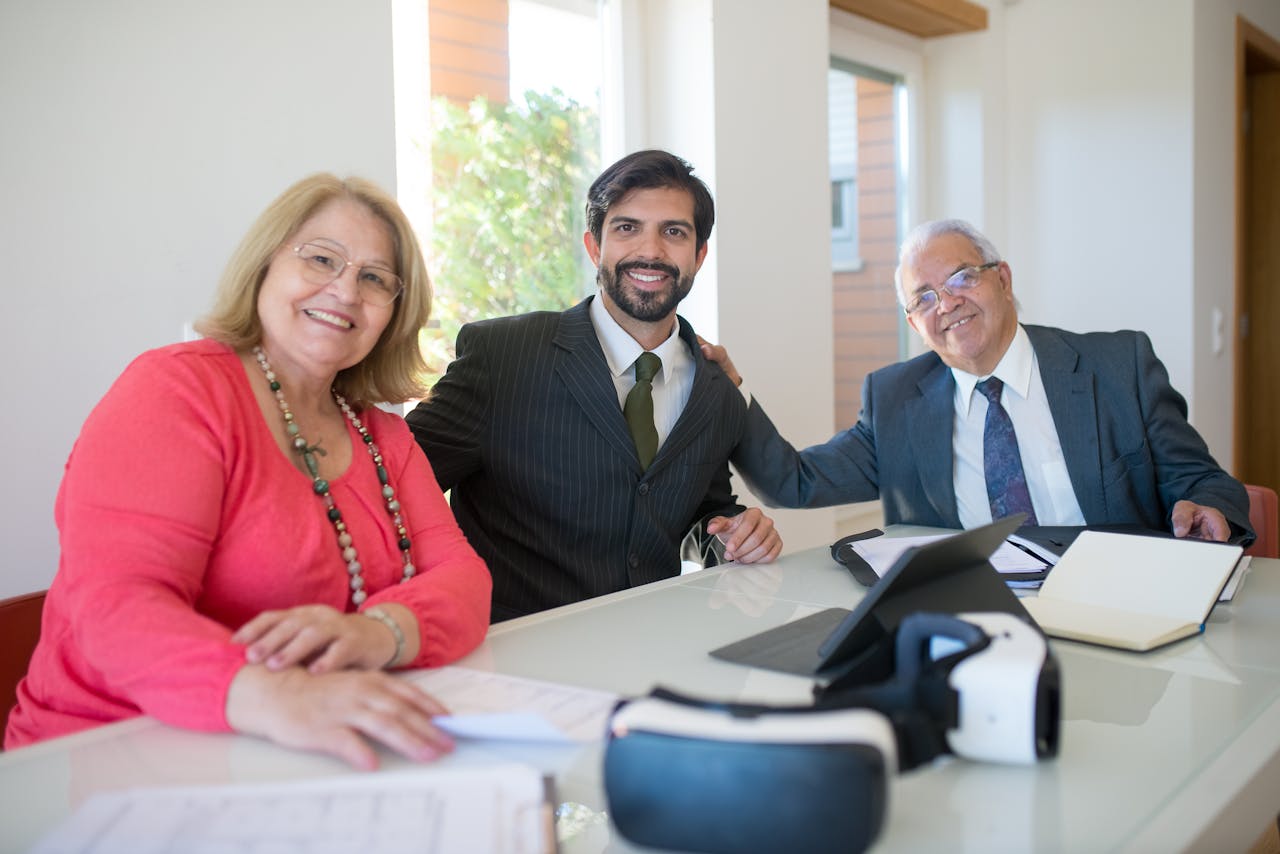 Professional business meeting with diverse team members in a modern office.